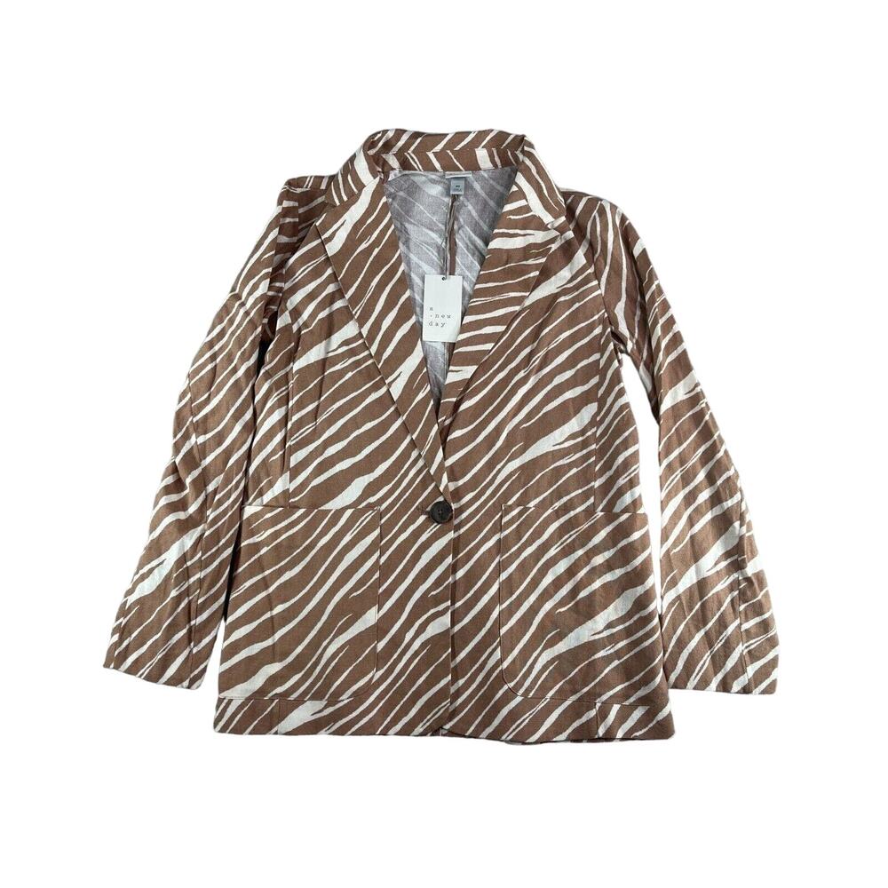 A New Day Blazer Jacket Womens XS Brown Linen Zebra Striped Business Button NWT